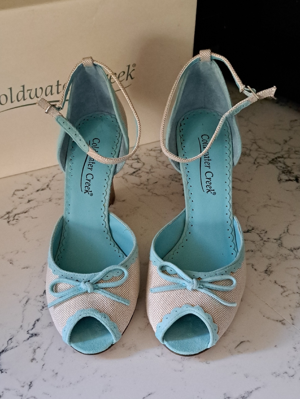 NWT Coldwater Creek Womens Peep-Toe Ankle-Strap Heels in Light Blue and Cream